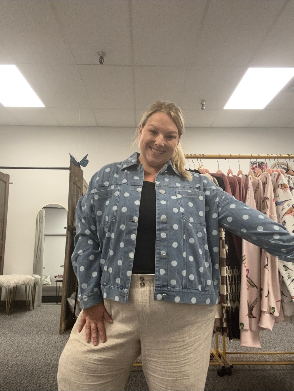Sewn & Seen Oversized Polka Dot Denim Jacket NWT